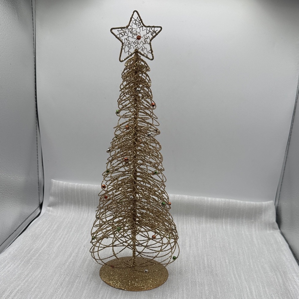 Christmas Tree Gold glittering Wire, Star Topper and green red and silver balls